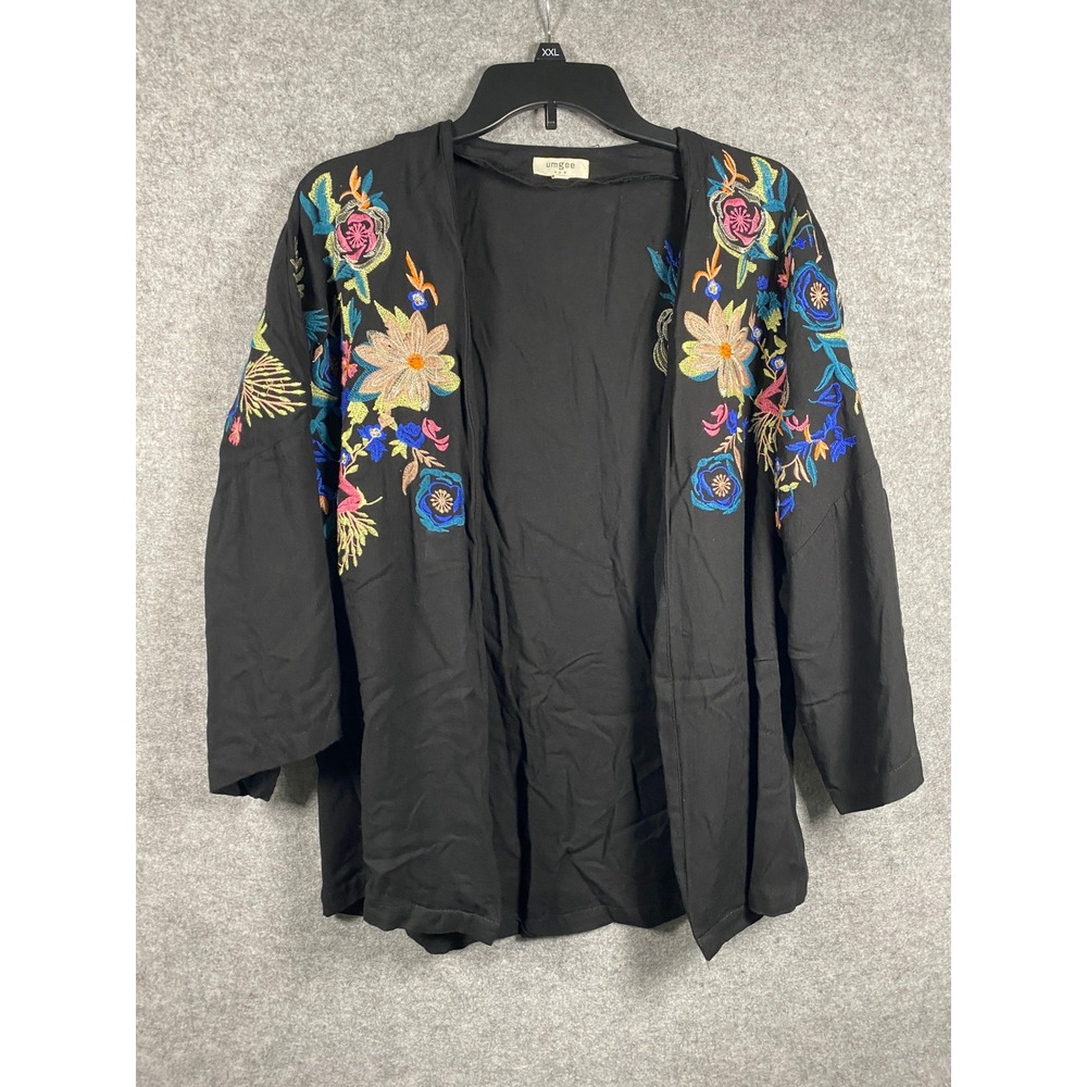 Umgee USA Womens Small Black Floral Bird Embroidered Kimono Cardigan Open Front
